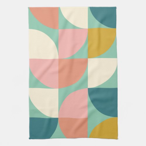 Cute Colorful Geometric Shapes Pattern in Teal Kitchen Towel