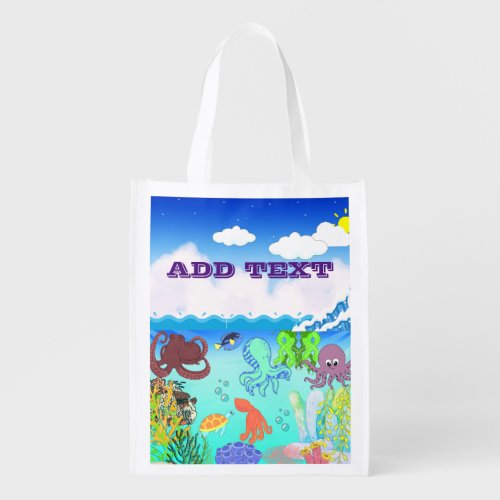 Cute Colorful Giant Octopus In Coral Garden Grocery Bag
