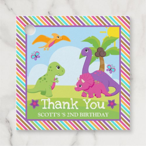 Cute Colorful Girl Dinosaur Friends Birthday Favor Tags