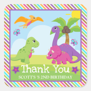 Cute Colorful Girl Dinosaur Friends Birthday Square Sticker