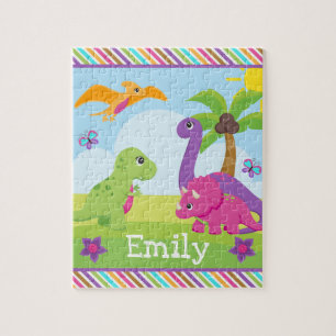Cute Colorful Girl Dinosaur Friends Kids Jigsaw Puzzle