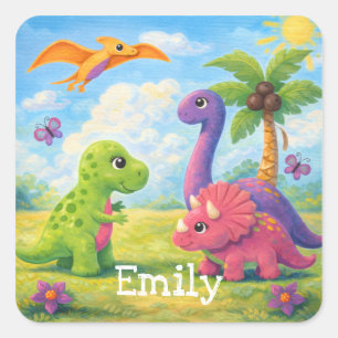Cute Colorful Girl Dinosaur Friends Kids  Square Sticker