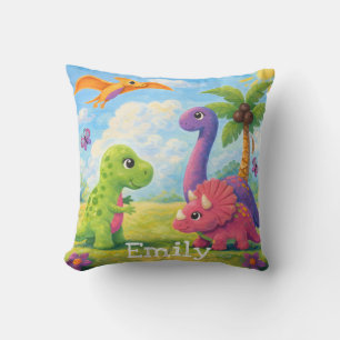 Cute Colorful Girl Dinosaur Friends Kids Throw Pillow
