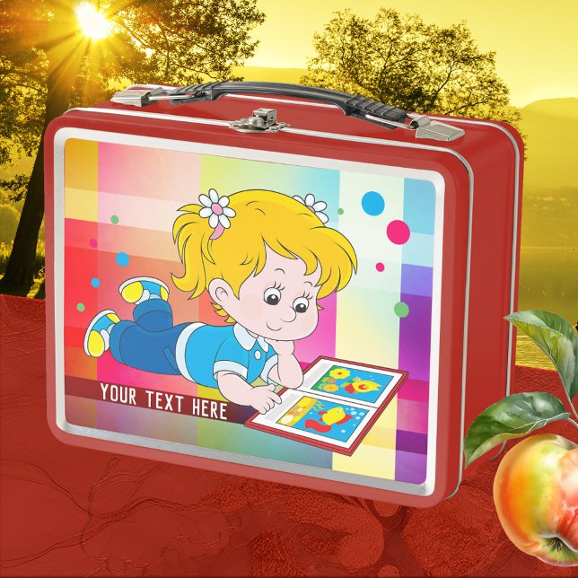 Cute Colorful Girl Metal Lunch Box (Lunch Box featuring a cute and colorful design with a girl reading a book - back to school)