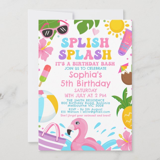 Cute Colorful Girls Retro Splish Splash Birthday Invitation (Front)