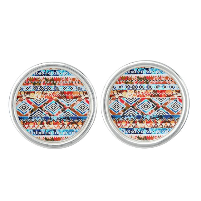 Cute colorful girly aztec patterns cufflinks (Front)