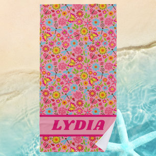 Cute Colorful Girly Monogram First Name Kids Beach Towel