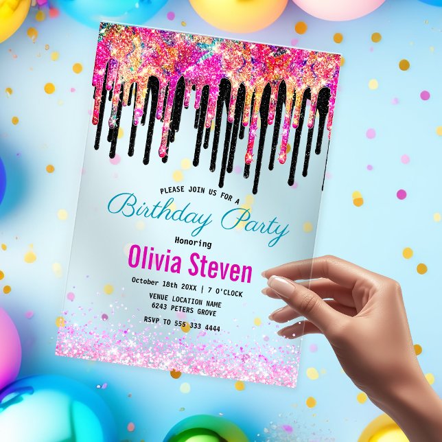 Cute colorful glitter drips birthday monogram acrylic invitations (Creator Uploaded)
