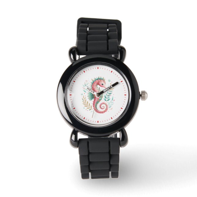 Cute Colorful Glittery Seahorse Illustration Watch (Front)