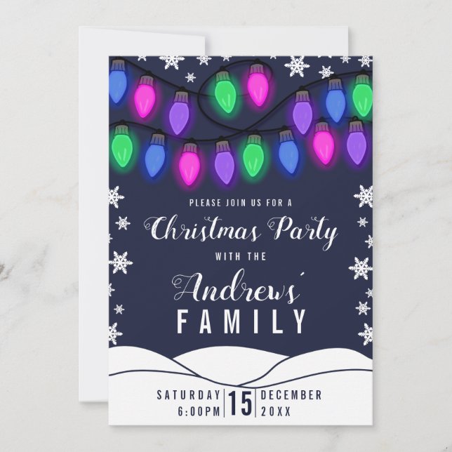 Cute Colorful Glowing Hanging Lights Christmas Invitation (Front)