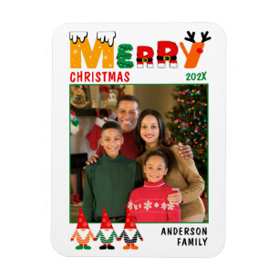 Cute Colorful Gnomes Merry Christmas Family Photo Magnet