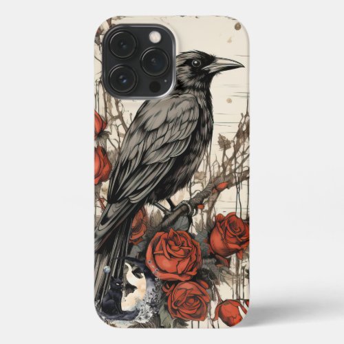 Cute Colorful Gothic Raven  Red Rose iPhone 13 Pro Max Case