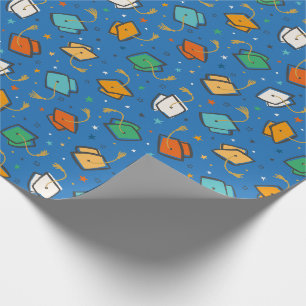 Cute Colorful Graduation Cap and Tassel on blue Wrapping Paper
