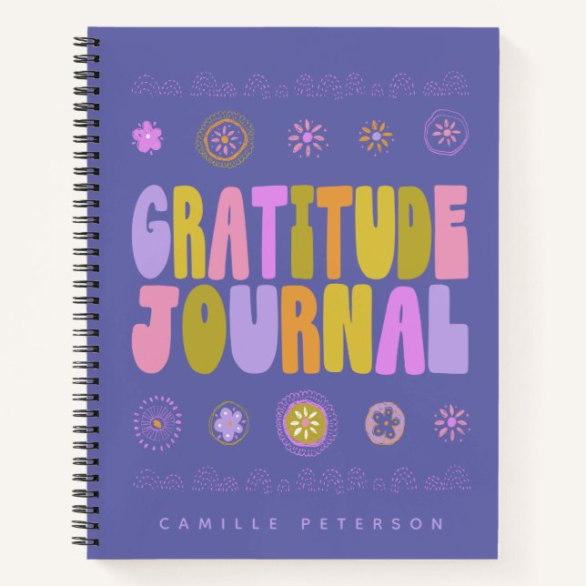 Cute Colorful Groovy Personalized Purple Gratitude Notebook (Front)