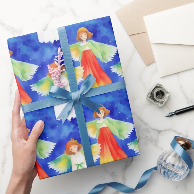 Cute Colorful Guardian Angel Christmas Watercolor Wrapping Paper (Gifting)