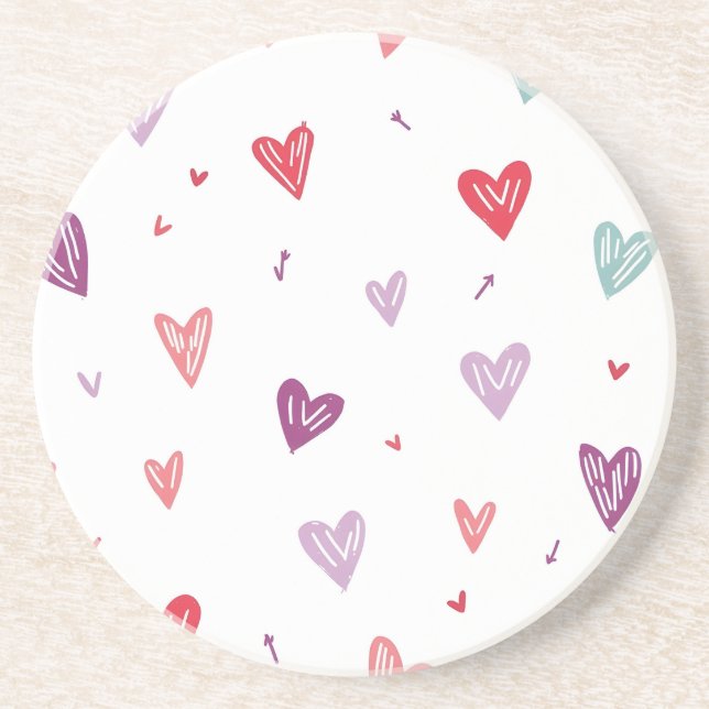 Cute Colorful Hand-Drawn Hearts Sandstone Coaster (Front)