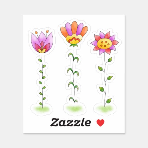 Cute  Colorful Hand Painted Whimsical Flowers Sticker