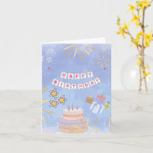 Cute Colorful Happy Birthday Cake & Gifts Greeting