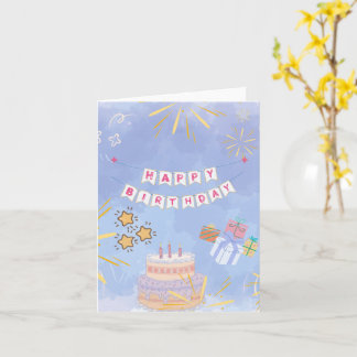 Cute Colorful Happy Birthday Cake & Gifts Greeting Card