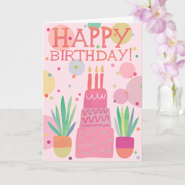 Cute Colorful Happy Birthday Cake Pink Bold Pop Card (Orchid)
