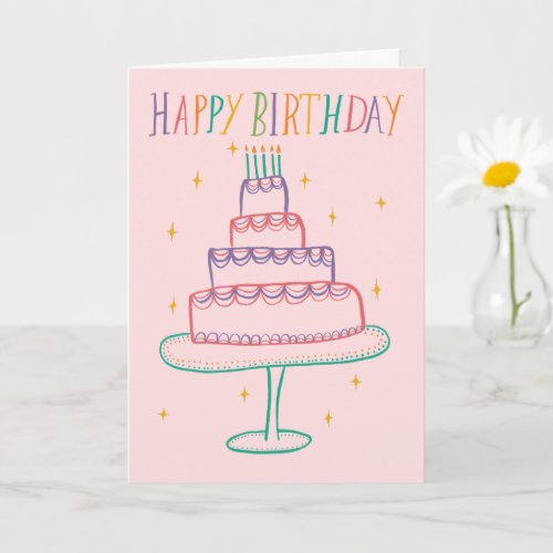 Cute Colorful Happy Birthday Cake Sketch Doodle  Card