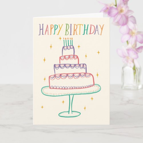 Cute Colorful Happy Birthday Cake Sketch Doodle  Card