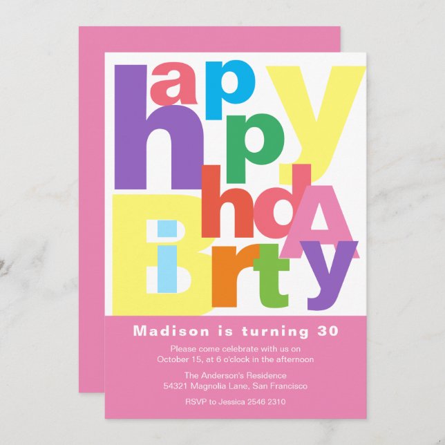 Cute Colorful Happy Birthday Invitation (Front/Back)