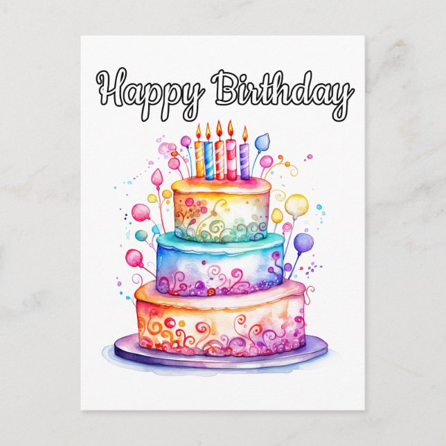 Cute Colorful Happy Birthday Party Cake Postcard (Front)