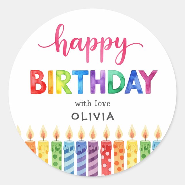Cute colorful Happy Birthday watercolor  Classic Round Sticker (Front)