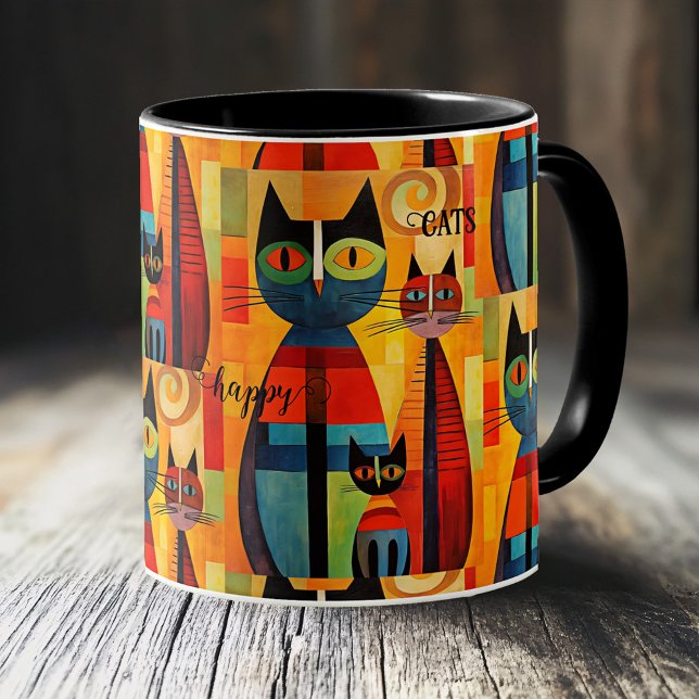 Cute Colorful Happy Cats Coffee Mug (Whimsical and artistic mug featuring an illustration of cute colorful cats, simply being happy)