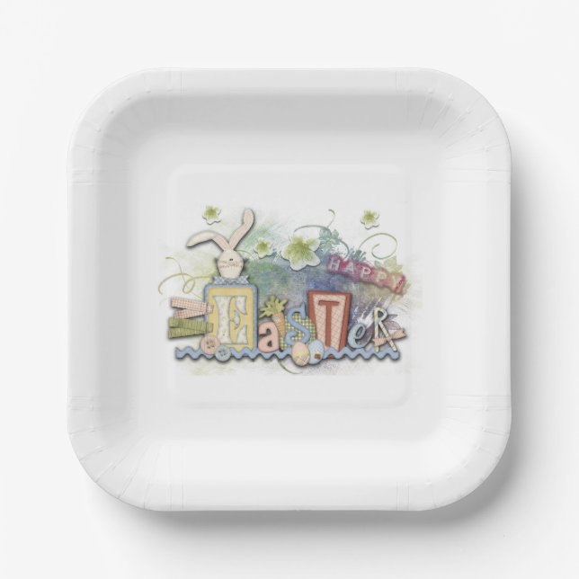 Cute Colorful Happy Easter Bunny Paper Plates (Front)