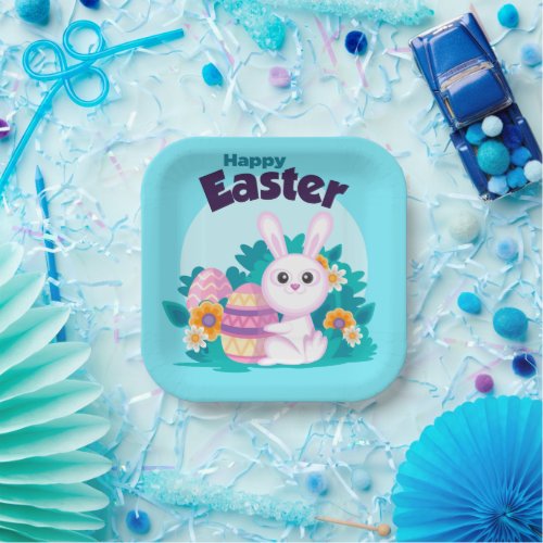 Cute Colorful Happy Easter Bunny Paper Plates