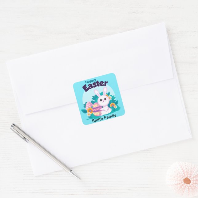 Cute Colorful Happy Easter Bunny   Square Sticker (Envelope)