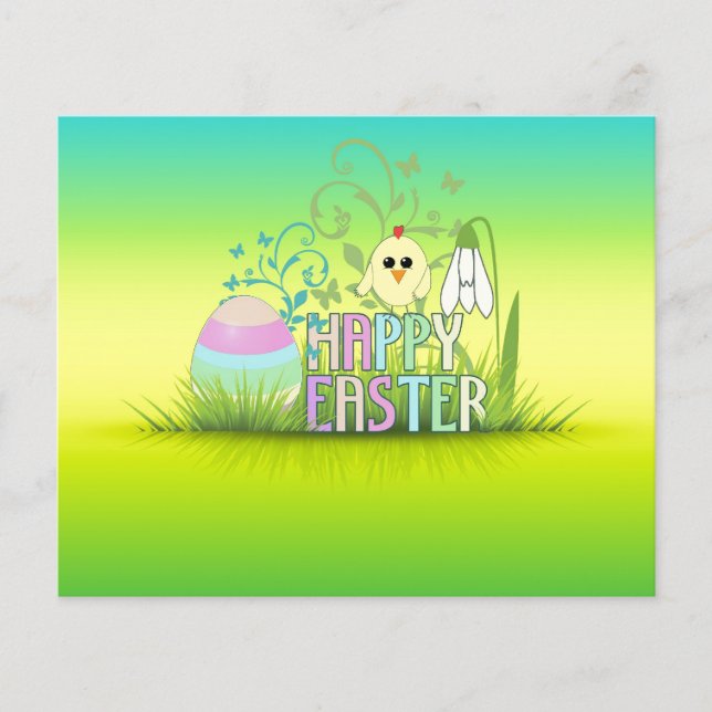Cute Colorful Happy Easter Egg, Chick and Snowdrop Flyer (Front)