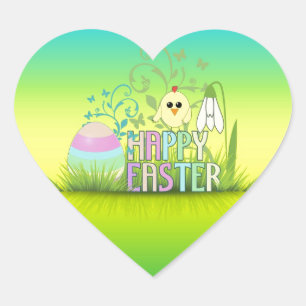 Cute Colorful Happy Easter Egg, Chick and Snowdrop Heart Sticker
