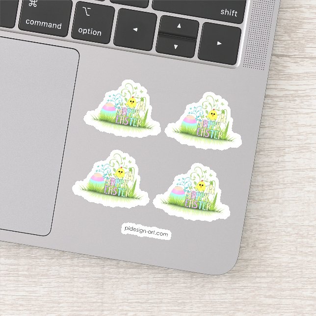 Cute Colorful Happy Easter Egg, Chick and Snowdrop Sticker (Detail)