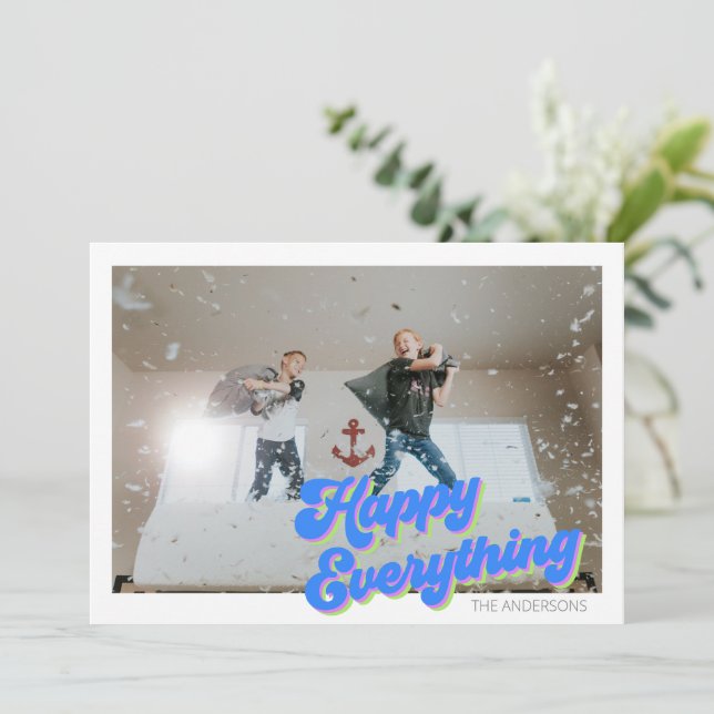 Cute Colorful Happy Everything Typography Photo Holiday Card (Standing Front)