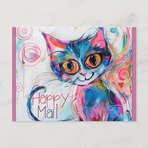 Cute Colorful Happy Mail Cat Postcard