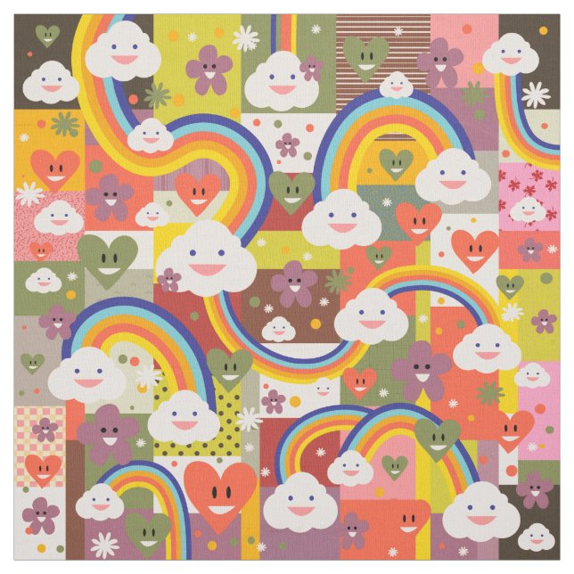 Cute colorful harajuku illustration pattern fabric (Swatch)