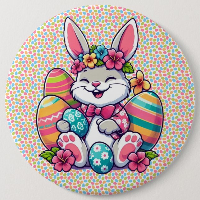 Cute,  & colorful Hawaiian/tropical Easter bunny Button (Front)