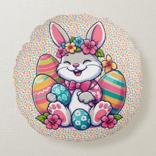 Cute,  & colorful Hawaiian/tropical Easter bunny Round Pillow