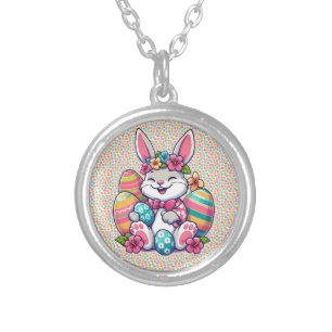 Cute, & colorful Hawaiian/tropical Easter bunny Silver Plated Necklace