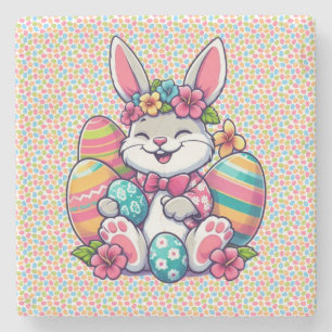 Cute, & colorful Hawaiian/tropical Easter bunny Stone Coaster
