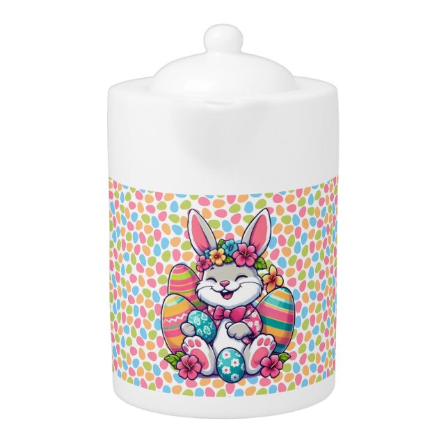 Cute,  & colorful Hawaiian/tropical Easter bunny Teapot (Front)