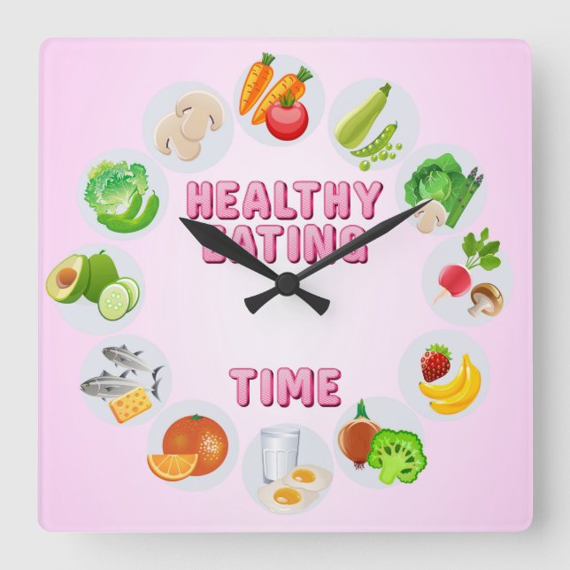 Cute & Colorful Healthy Eating Time Square Wall Clock (Front)