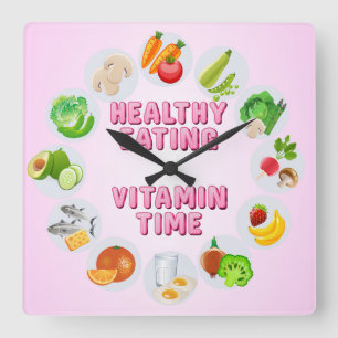 Cute & Colorful Healthy Eating Vitamin Time Square Wall Clock