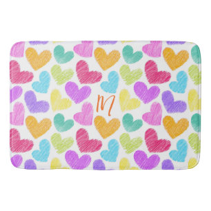 Cute Colorful Heart Pastel Valentine Love Monogram Bath Mat