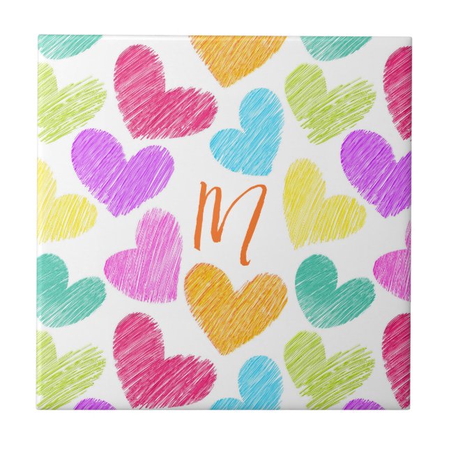Cute Colorful Heart Pastel Valentine Love Monogram Ceramic Tile (Front)