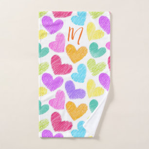 Cute Colorful Heart Pastel Valentine Love Monogram Hand Towel