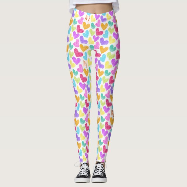 Cute Colorful Heart Pastel Valentine Love Monogram Leggings (Front)